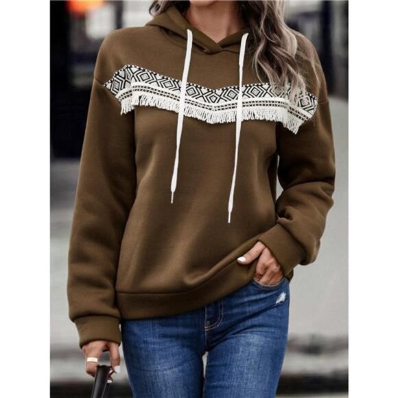 Fringe Detail Long Sleeve Drawstring Hoodie - Picture 6 of 16